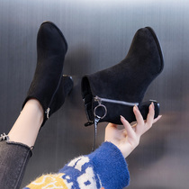 Thick-heeled high-heeled Martin boots womens 2021 spring new Korean version wild womens shoes autumn and winter thin boots black