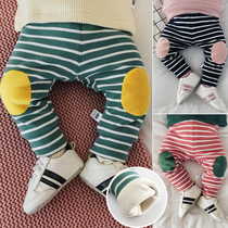 Autumn and winter new baby all-match fleece striped pants 0-1 years old baby thickened high waist warm outer wear trousers 2
