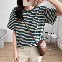 Pure cotton striped short sleeve T-shirt female spring and summer new Korean version loose with large code display slim 100 lap casual blouse for undershirt