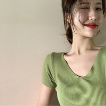 Ice silk short sleeve t-shirt womens 2021 new summer knitwear thin slim base shirt with solid color v neck top