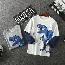 Boys long T-shirt Cotton T-shirt Fake two-piece crew neck pullover Thin top Childrens spring and autumn childrens clothing