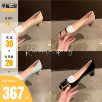 (sheii Suyin Yin) Twilight dinner ~ square buckle square head light mouth horseshoe coarse heel single shoe woman high heel shoe commute