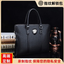 Briefcase mens business leather woven pattern fingerprint unlock handbag mens trendy large-capacity simple shoulder messenger bag