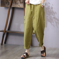 Han Soyi Retro Art 2021 Summer Thin womens pants 7 Pants Cotton Linen Casual Pants Woman High Waisted Khalaren Pants