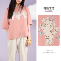 HIKOSEN Carla cat short sleeve T-shirt pink patch cartoon cute cat cute pet female loose top