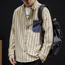 Spring Striped Long Sleeve Shirt Male Loose Tide Signs Ins Big Code Lining Fat Subs Spring Autumn and Casual Jacket Tide