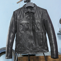 Leather mens leather short vegetable tanned sheepskin Haining lapel slim motorcycle leather jacket Japanese handsome trendy jacket