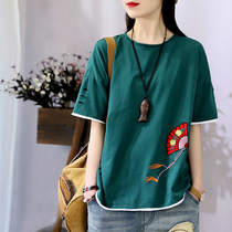 Han Soyi Retro Art Summer Embroidered Fan Round collar blouses with loose Lazy Wind short sleeve T-shirt Female-ins Chaos