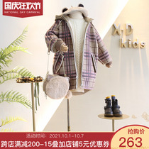Do not return do not change childrens clothing 2019 Winter girl Han fan retro plaid hooded wide version of long version of deer skin