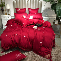 European cute sweet girl wedding big red bedding pink love 60 long velvet cotton cotton four-piece set