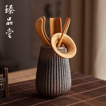 Zhenpintang Coarse Pottery Kung Fu Tea Road Six Gentlemen Retro Kung Fu household tea set accessories set Ebony bamboo solid wood