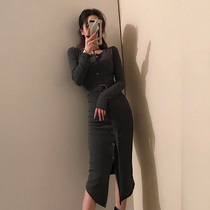 Large size autumn knitted dress womens 2020 new fashion waist thin temperament medium-long sexy hip skirt