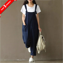 Pregnant women bib pants summer 2021 net red wide leg pants cotton and hemp fashion suit tide mother wear pregnant pants outside