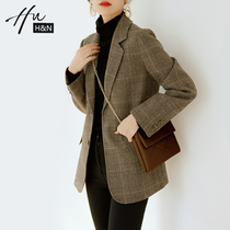 Retro woolen plaid suit jacket female Korean version thin English style thick small man suit jacket female winter