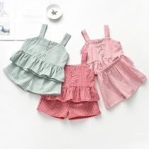 Childrens suit female summer Korean Plaid backless girl fashionable two-piece set of childrens shorts foreign-style tide clothes