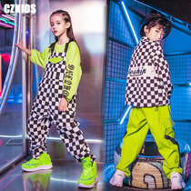 Childrens street dance tide clothes hip-hop suits for boys and girls fluorescent green overalls loose plaid suit handsome costume