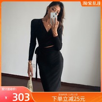 ITSNIKAR Knitted Strap Dress Women Waist Slim Slim Slim Medium-length dress Autumn Dress Spring Dress 2021