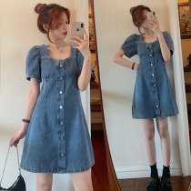 Large size womens 2020 new breasted denim dress female fat sister mm thin bubble sleeve A- line dress sub tide