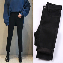 Plus velvet thickened jeans womens 2020 autumn and winter new high waist loose thin straight pants Korean version of all-match nine-point pants