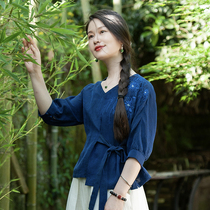 (Huguang mountain color) on the flower blooming silk fragrant cloud yarn top female v collar lace embroidered T-shirt short sleeve loose