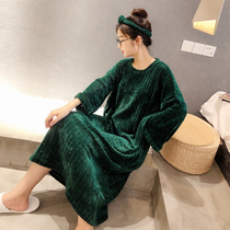 Gas ~ Long-sleeved nightdress is super long and thick autumn winter sherry wool pajamas are loose and large and extended pajamas