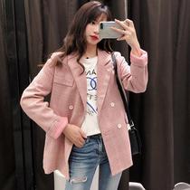 Korean pink plaid blazer womens 2021 spring new temperament loose foreign style Korean version of the small suit top