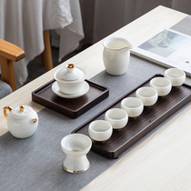 Sheep jade porcelain hand gold kung fu tea set set home Dehui white porcelain tea set teapot tea cup whole set of gift box