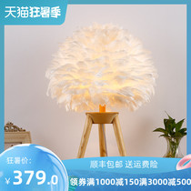 Nordic feather table lamp Bedroom bedside lamp Household creative romantic wedding warm decoration creative net red solid wood art