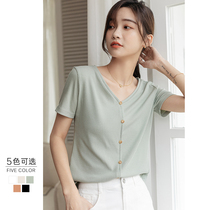 V collar short sleeve T-shirt woman 2022 Summer new sashimi slim short hit bottom black white 100 hitch Compassionate Jacket Tide