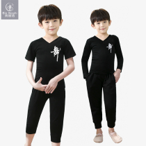 Boys dance clothes childrens summer short-sleeved suit black children Latin dance suit Chinese dance form suit