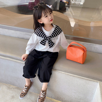 Girl Net Red Broadlegged Pants Suit Foreign Air Spring Dress Fake Two-piece Jersey 100 Lap Straight Cylinder Long Sleeve Thin baby Two sets