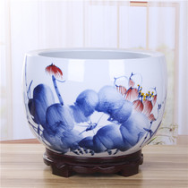 Jingdezhen fish tank ceramic hand-painted lotus cylinder Water lily bowl Lotus cylinder fish basin turtle household lucky Feng Shui ornaments