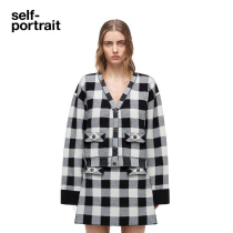 self-portrait black plaid V-neck knitted cardigan top