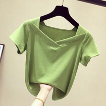 Tide Cards Short Sleeve T-shirt Woman 2022 Summer New Bull Oil Fruits Green V Lead Body Pure Cotton Fashion 100 Hitch Blouse Women Wave