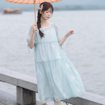 Sichuan Dai time: Rain over the sky green color National Wind splicing Mori tie dress Dress Loose Embroidery Medium Long dress
