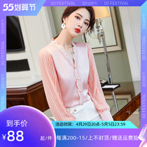 Snowspun Shirt Woman Design Sensation Niche Pro V Collar Lace Splicing Fashion Temperament Outside Wearing Long Sleeves Silk Blouse