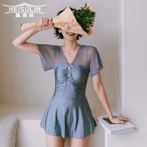 Korean swimsuit womens one-piece dress Conservative belly thin ins small fragrant wind short sleeve pearl hot spring bikini