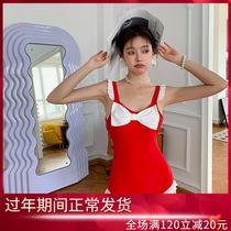 Japanese seaside retro cute student girl backless bow lace conjoined hot spring skirt slim swimsuit