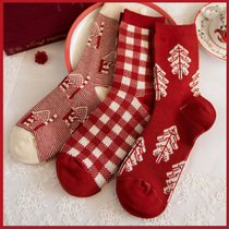 Red socks womens barrel long cotton socks retro plaid stripes snowflake ins tide autumn and winter New Year Christmas