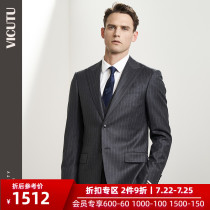 VICUTU Mens suit jacket Pure wool dark gray striped business commuter blazer