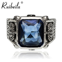 ruibeila925 Silver Blue Faux Gem Fat Square Retro Silver Ring Men Crown Rings Trend