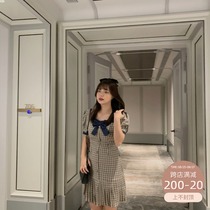 Wang grape fat mm large size plaid dress female 2020 summer new bow cover belly thin mid-length skirt