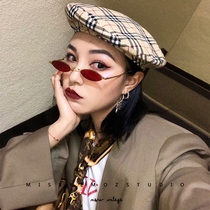 Korean flat round super narrow frame ins Super fire glasses red with chain sunglasses female Net red with small face sun glasses