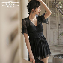 Flat corner swimsuit belly ins small fragrant wind conservative short sleeve swimsuit hot spring lace one-piece dress black bikini