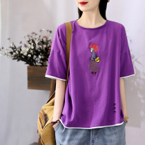 Han Soyi Retro Van Summer Red Hat Embroidery Design Sense Girl Short Sleeve T-shirt Woman Loose Casual Round Collar Blouse