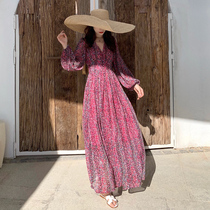 2021 New Super fairy Thailand travel photo floral dress long sleeve beach dress thin bohemian dress