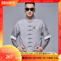 Semi-idle concentration State of the wind Short sleeves Tang dress Male State Tide Embroidery Crane Dance Fu Spring Summer New Original Disc Buckle Half Sleeve Blouse