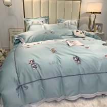 Four pieces of pure cotton girl heart is set cartoon cute cat embroidered long-duvet cotton whole cotton flake bed