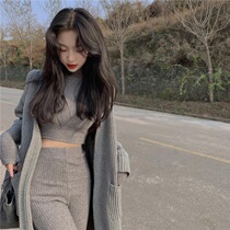 Sweater jacket Womens cardiovert one-piece suit loose pure color retro Lazy Wind Medium Long needleweaters Long sleeves blouses