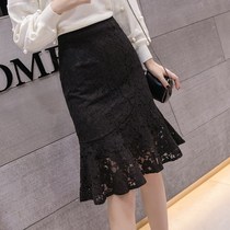 Black Lace Half Body Dress Woman Mid Length 2021 Spring Autumn New 100 Hitch Lotus Leaf Side A Character Wrap Hip Skirt Fish Tail Skirt